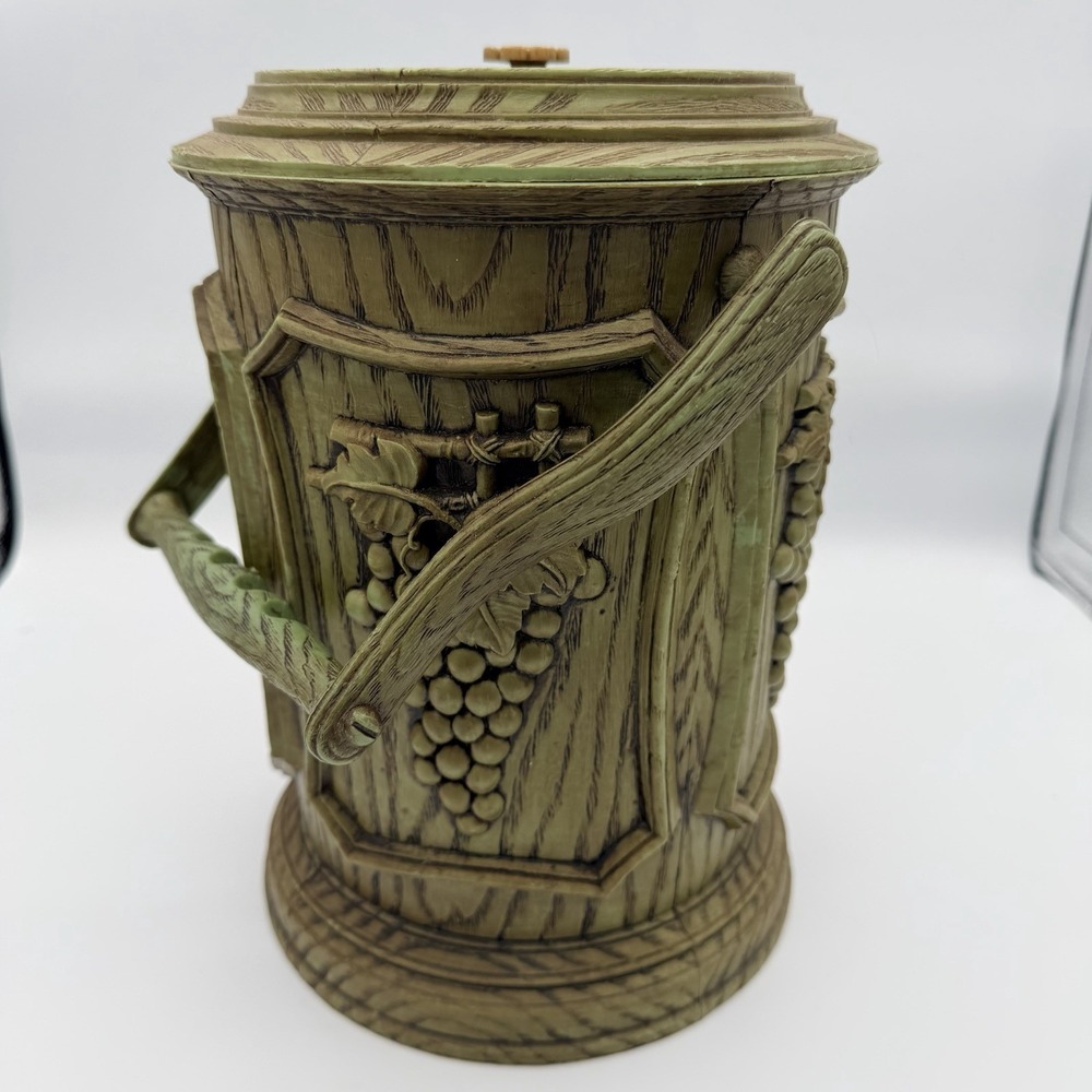 1960s Faux Woodgrain Ice Bucket Grape Cluster Motif Owen Corning Avocado Green